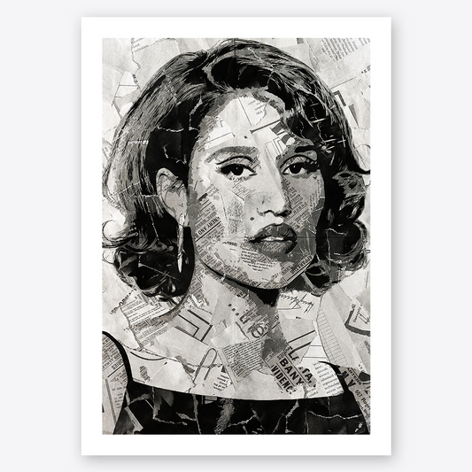 A Raye poster design - a portrait of Raye made using a collage of torn pieces of magazine pages in black and white.
