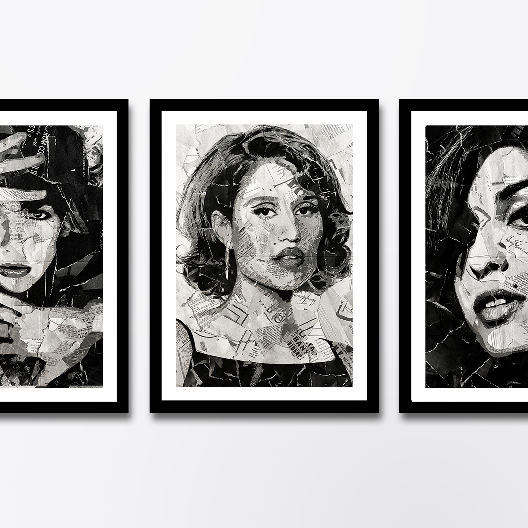 A Raye poster design - a portrait of Raye made using a collage of torn pieces of magazine pages in black and white.