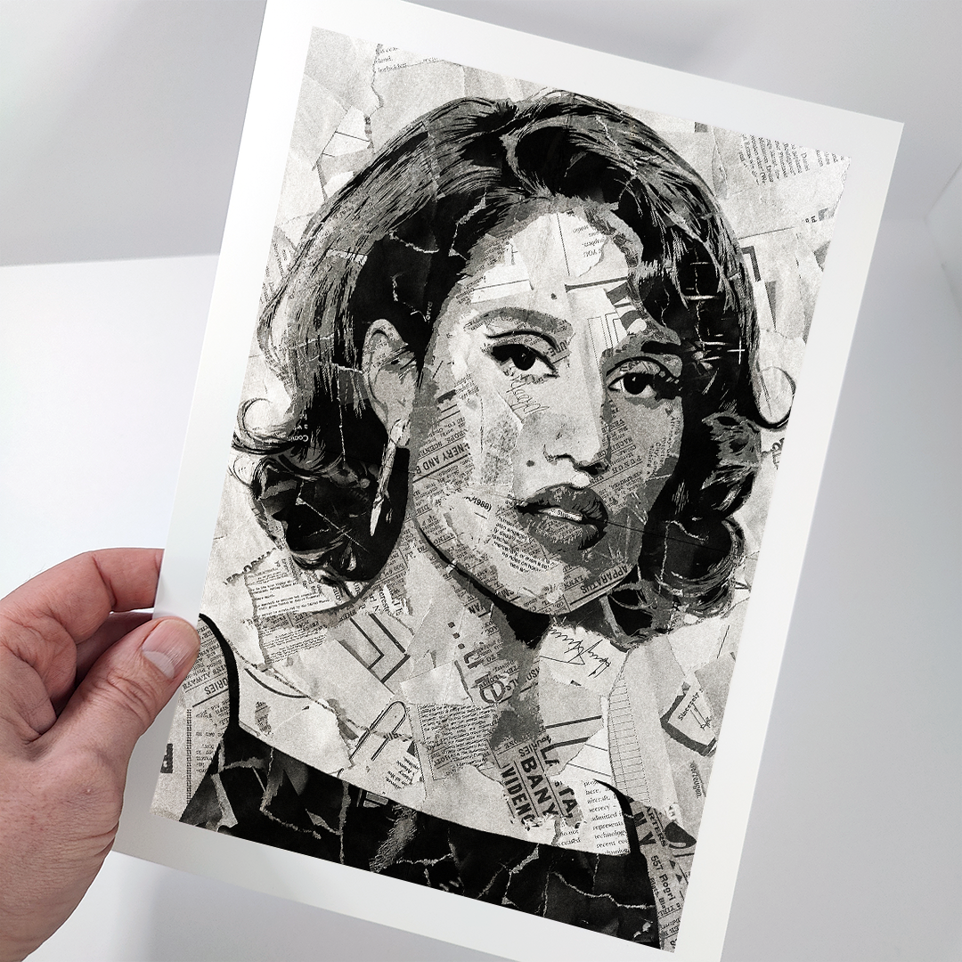 A Raye poster design - a portrait of Raye made using a collage of torn pieces of magazine pages in black and white.