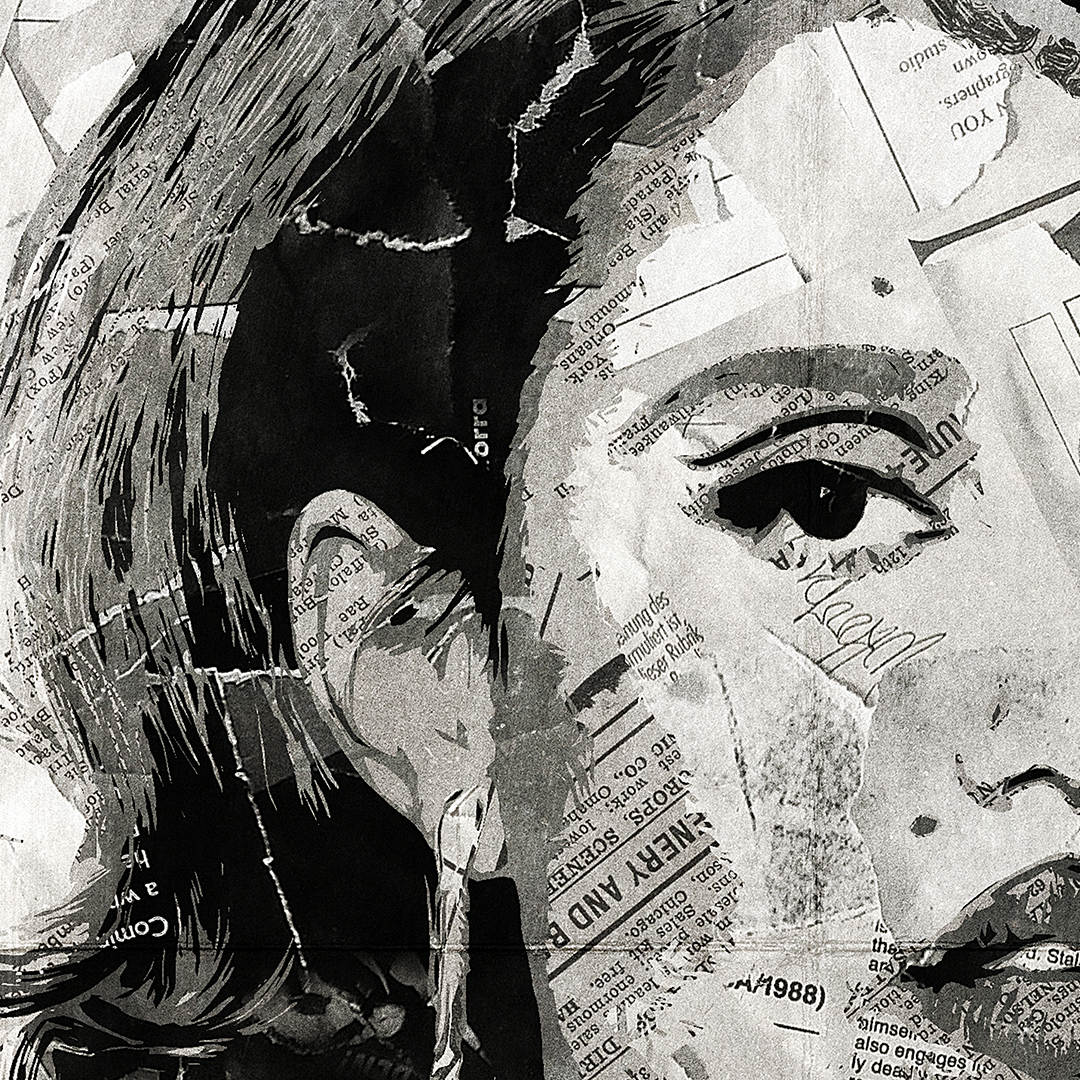 A Raye poster design - a portrait of Raye made using a collage of torn pieces of magazine pages in black and white.