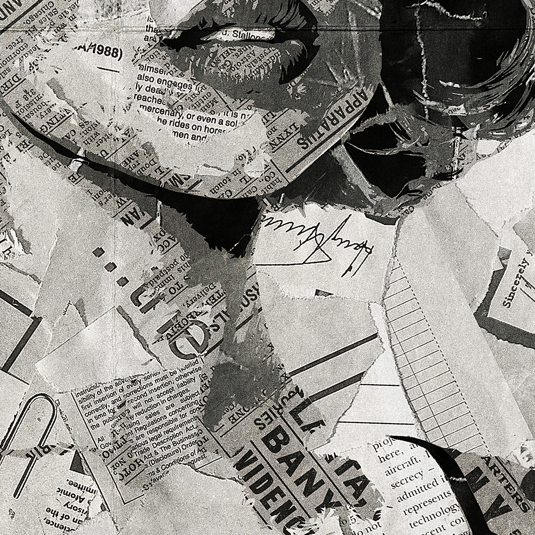 A Raye poster design - a portrait of Raye made using a collage of torn pieces of magazine pages in black and white.