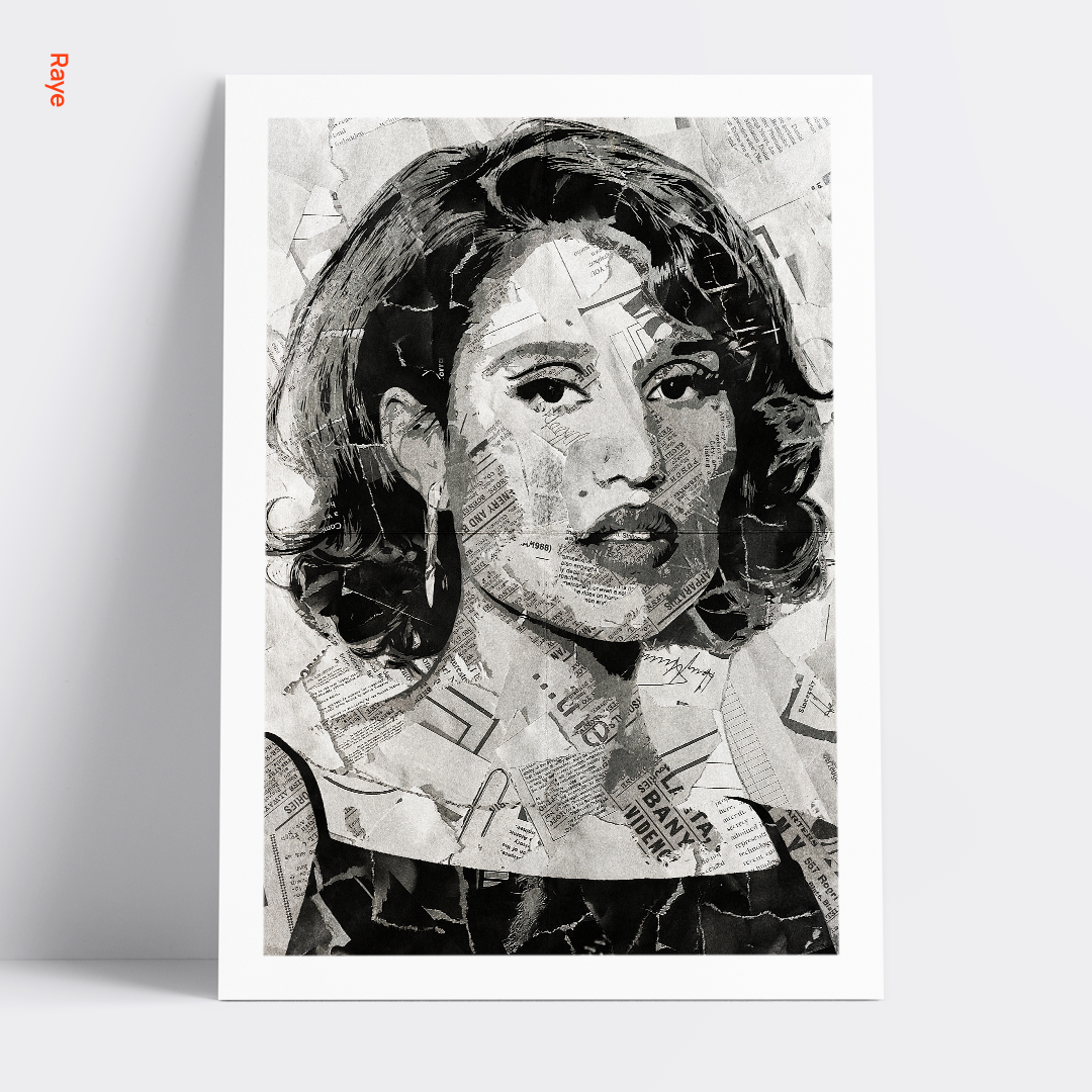 A Raye poster design - a portrait of Raye made using a collage of torn pieces of magazine pages in black and white.