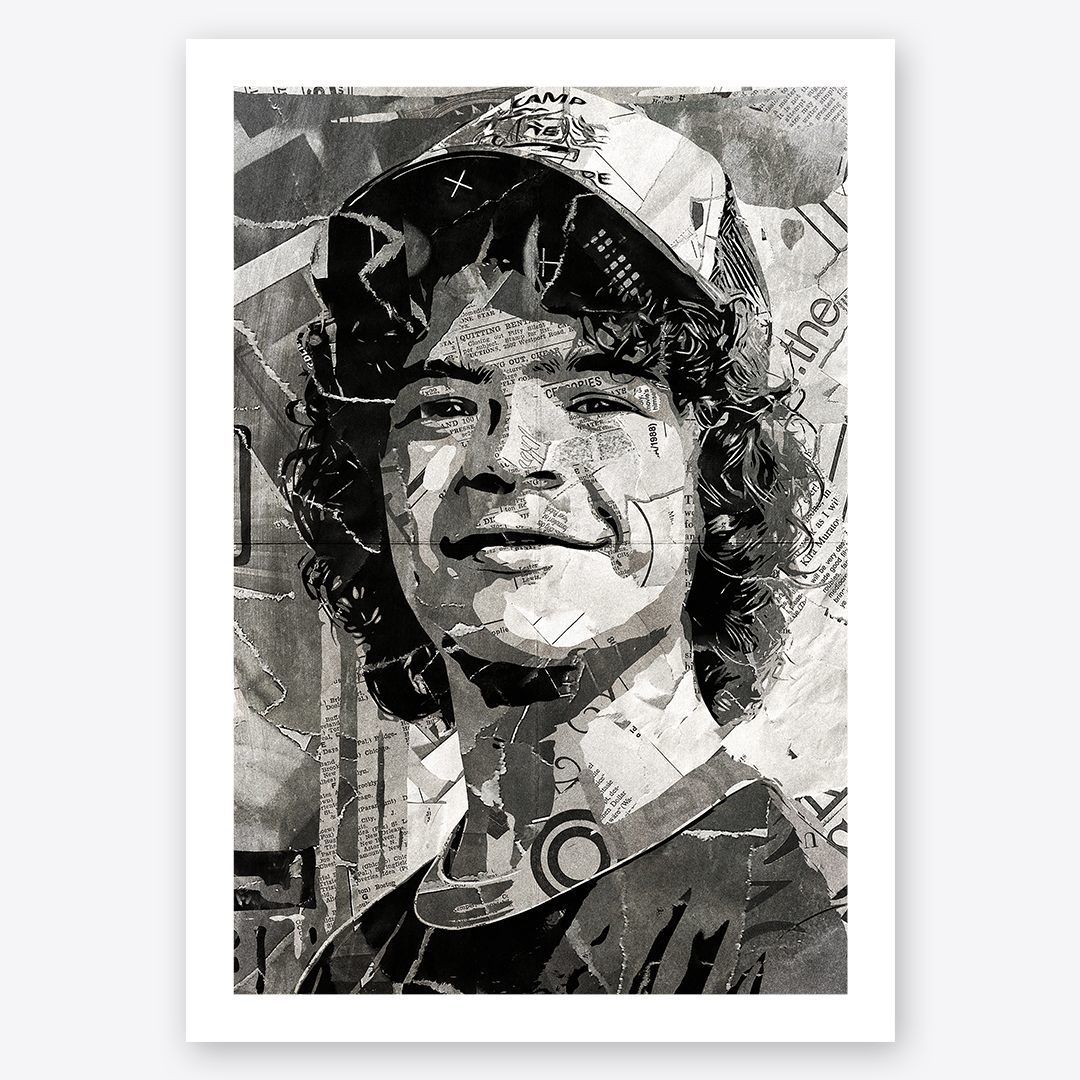 A Dustin Henderson / Gaten Matarazzo poster design - a portrait of Dustin made using a collage of torn pieces of magazine pages in black and white.