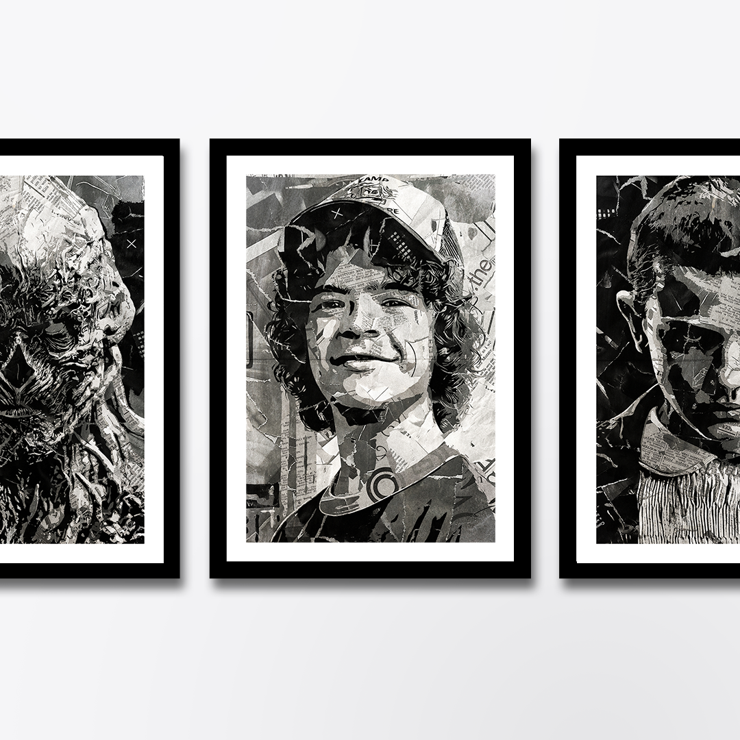A Dustin Henderson / Gaten Matarazzo poster design - a portrait of Dustin made using a collage of torn pieces of magazine pages in black and white.