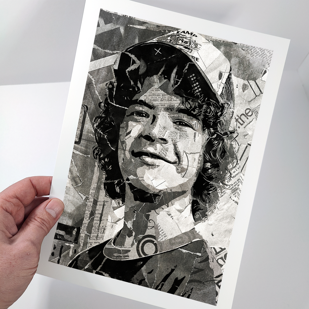 A Dustin Henderson / Gaten Matarazzo poster design - a portrait of Dustin made using a collage of torn pieces of magazine pages in black and white.
