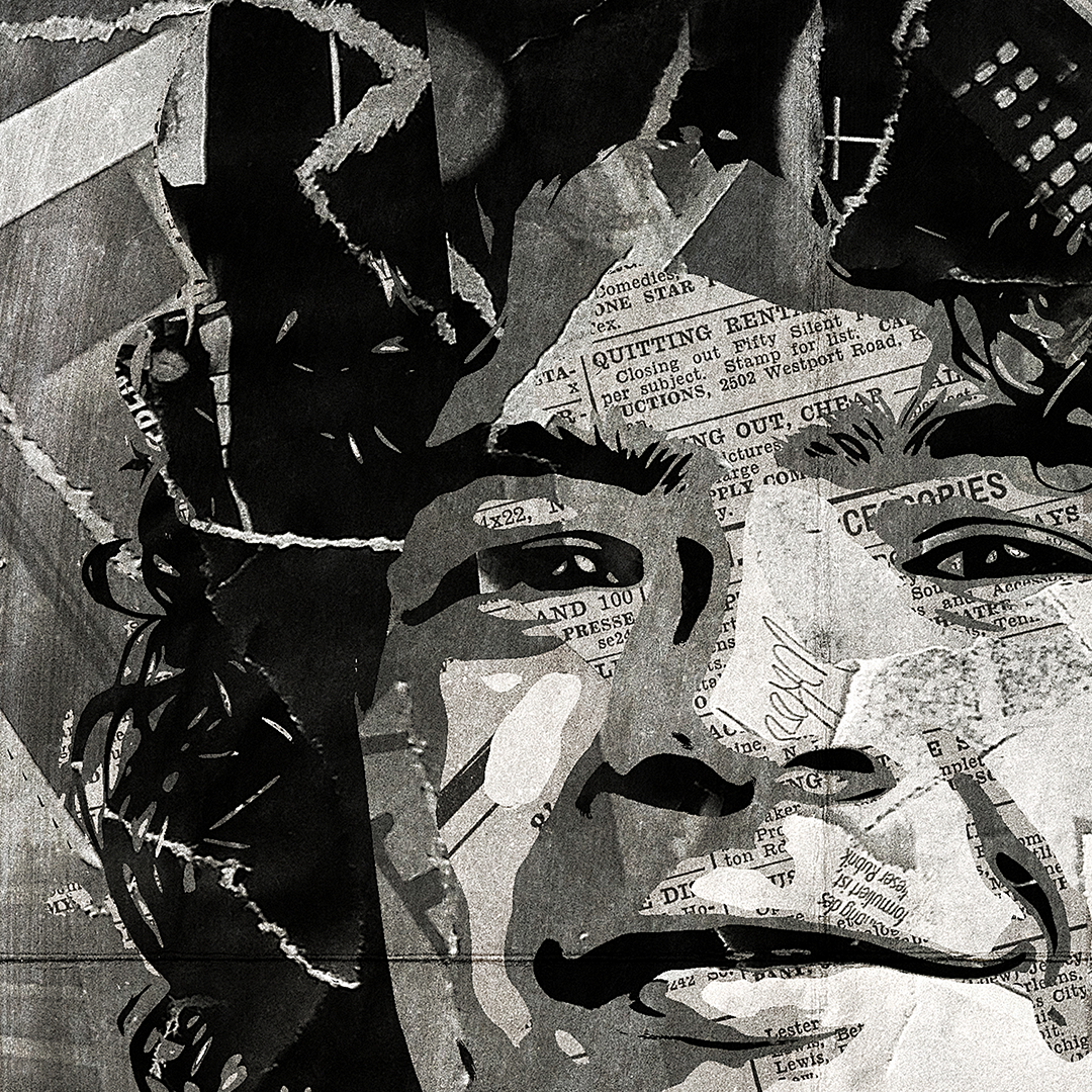 A Dustin Henderson / Gaten Matarazzo poster design - a portrait of Dustin made using a collage of torn pieces of magazine pages in black and white.