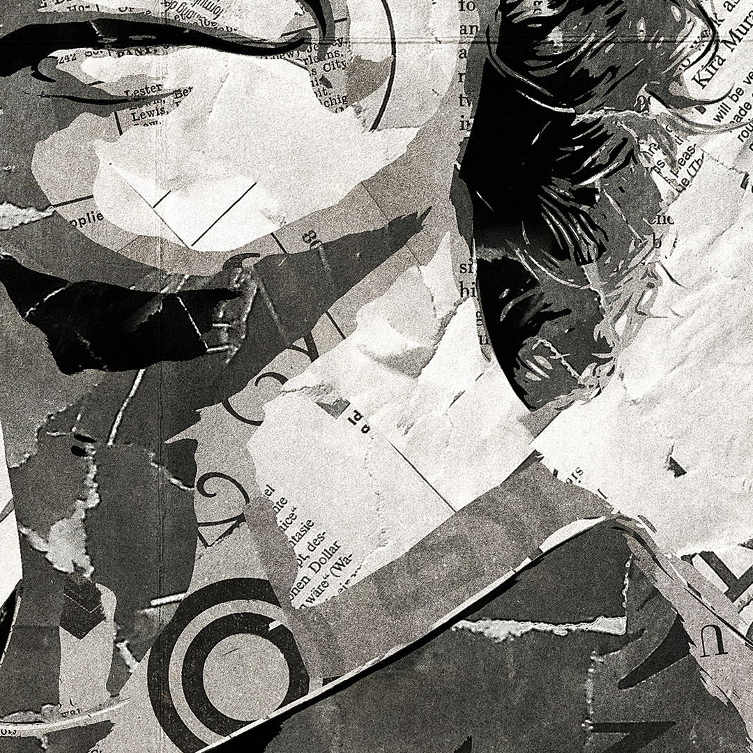 A Dustin Henderson / Gaten Matarazzo poster design - a portrait of Dustin made using a collage of torn pieces of magazine pages in black and white.