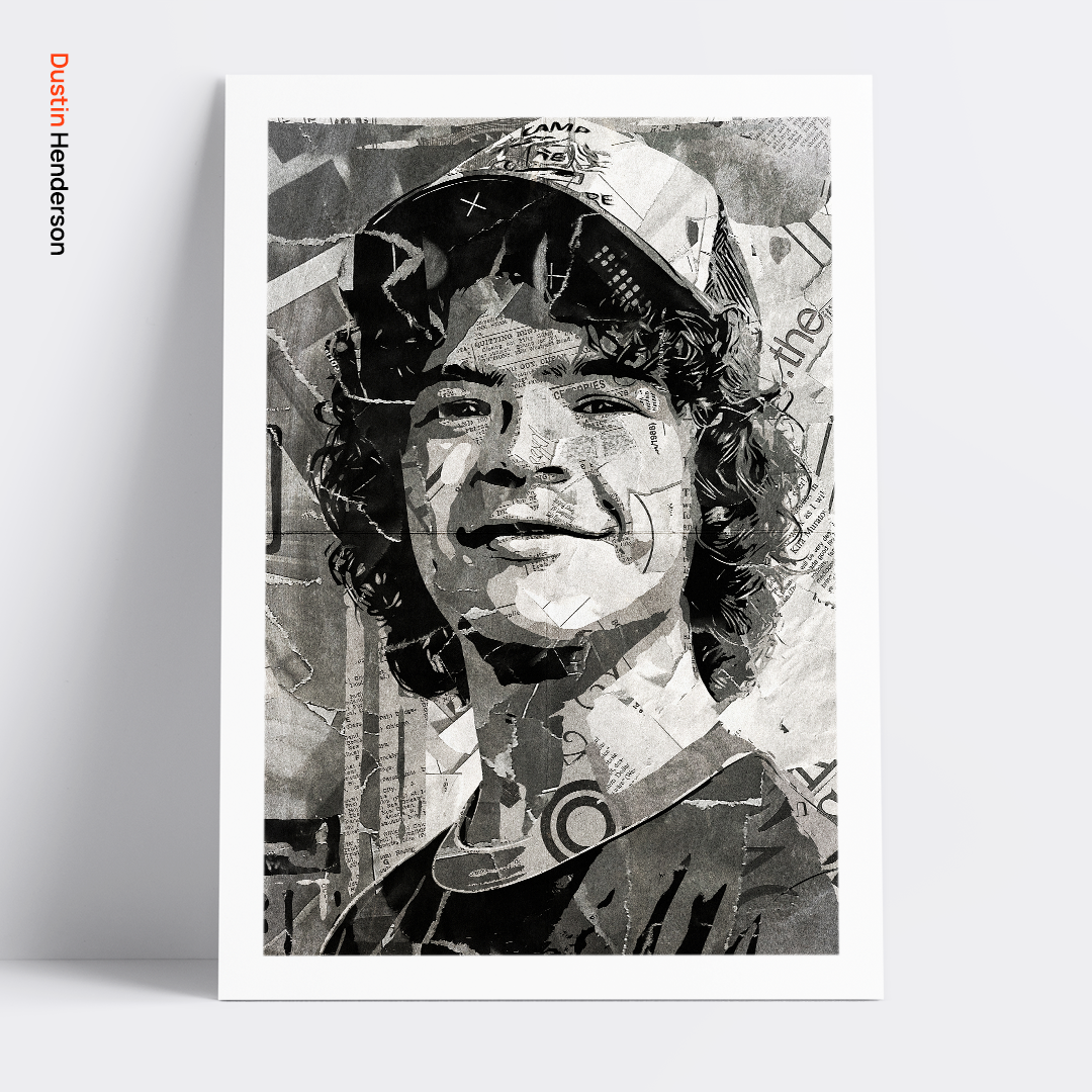 A Dustin Henderson / Gaten Matarazzo poster design - a portrait of Dustin made using a collage of torn pieces of magazine pages in black and white.
