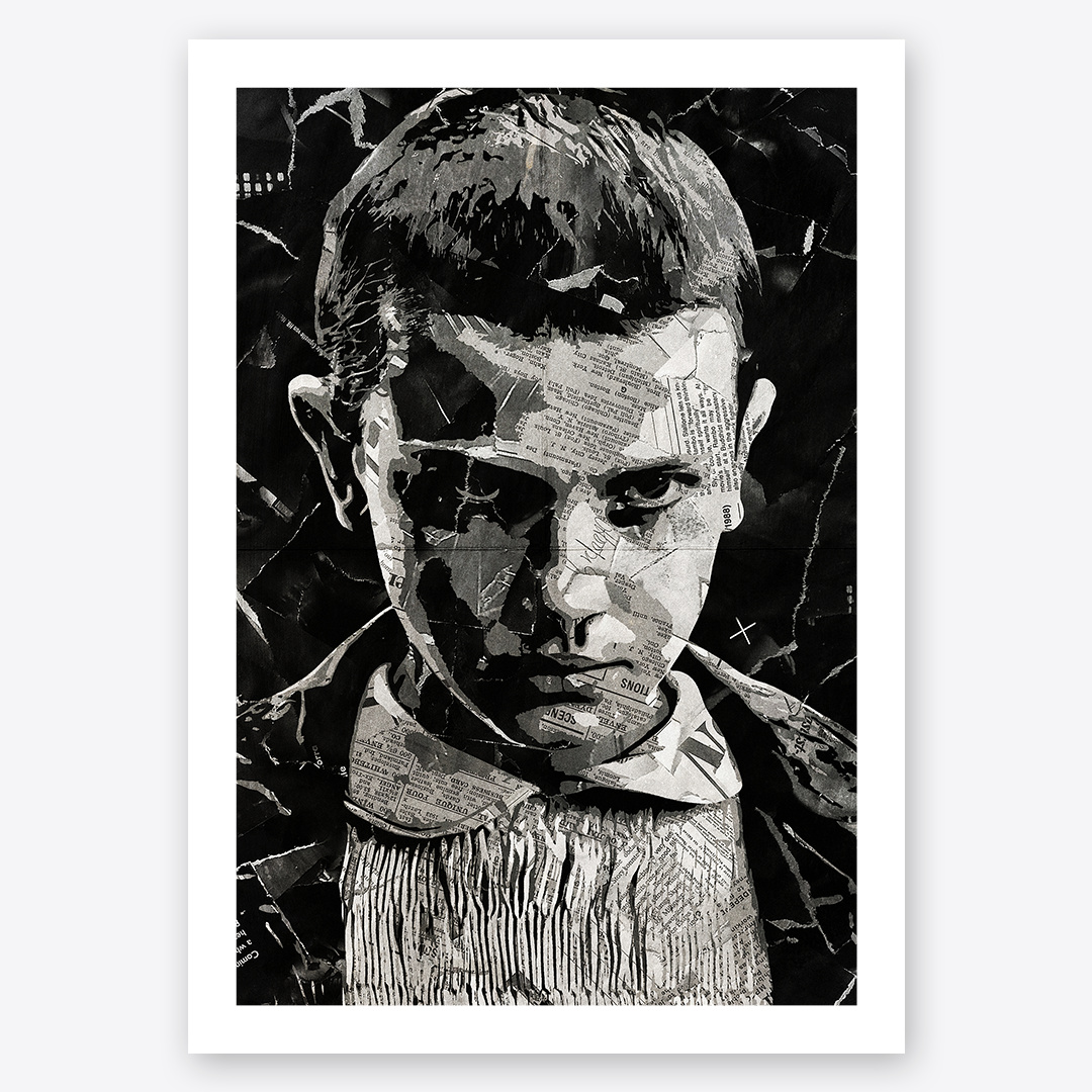 An Eleven / Millie Bobby Brown poster design - a portrait of Eleven made using a collage of torn pieces of magazine pages in black and white.