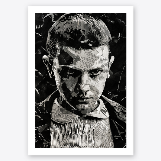 An Eleven / Millie Bobby Brown poster design - a portrait of Eleven made using a collage of torn pieces of magazine pages in black and white.