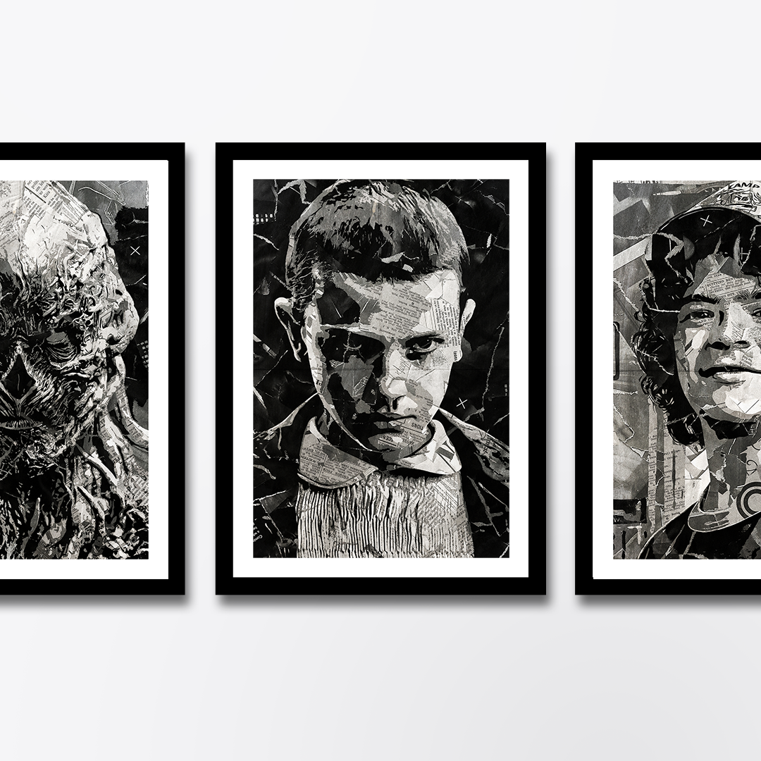 An Eleven / Millie Bobby Brown poster design - a portrait of Eleven made using a collage of torn pieces of magazine pages in black and white.