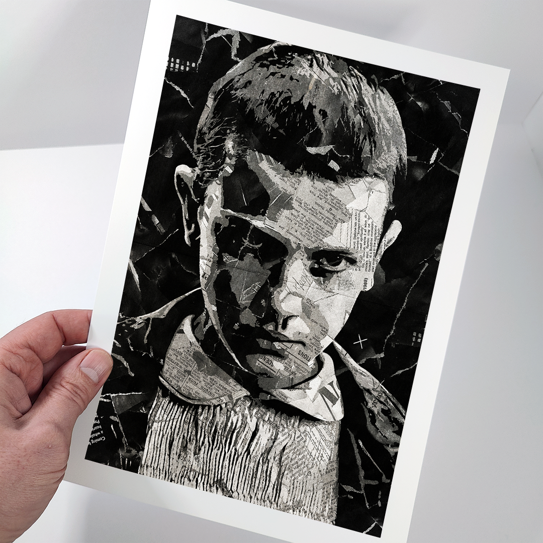 An Eleven / Millie Bobby Brown poster design - a portrait of Eleven made using a collage of torn pieces of magazine pages in black and white.