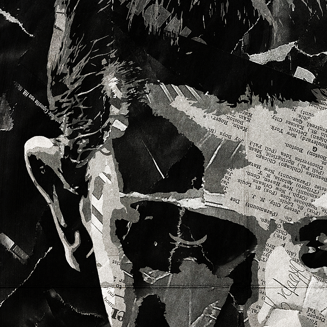 An Eleven / Millie Bobby Brown poster design - a portrait of Eleven made using a collage of torn pieces of magazine pages in black and white.