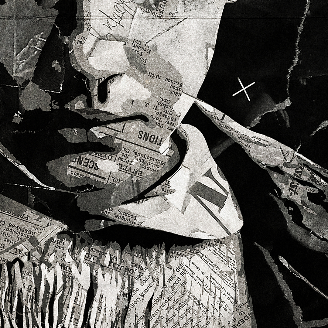 An Eleven / Millie Bobby Brown poster design - a portrait of Eleven made using a collage of torn pieces of magazine pages in black and white.