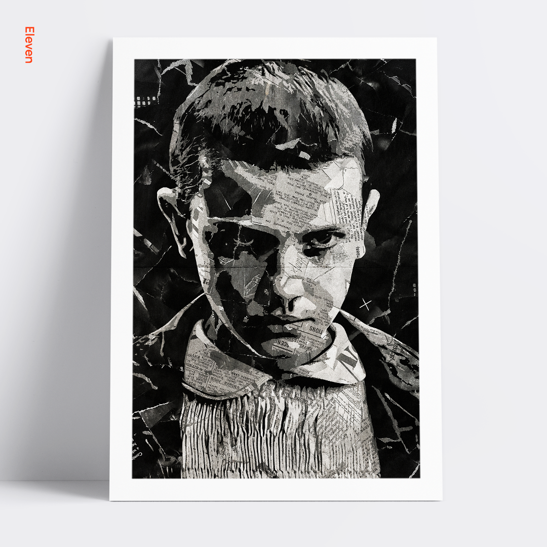 An Eleven / Millie Bobby Brown poster design - a portrait of Eleven made using a collage of torn pieces of magazine pages in black and white.