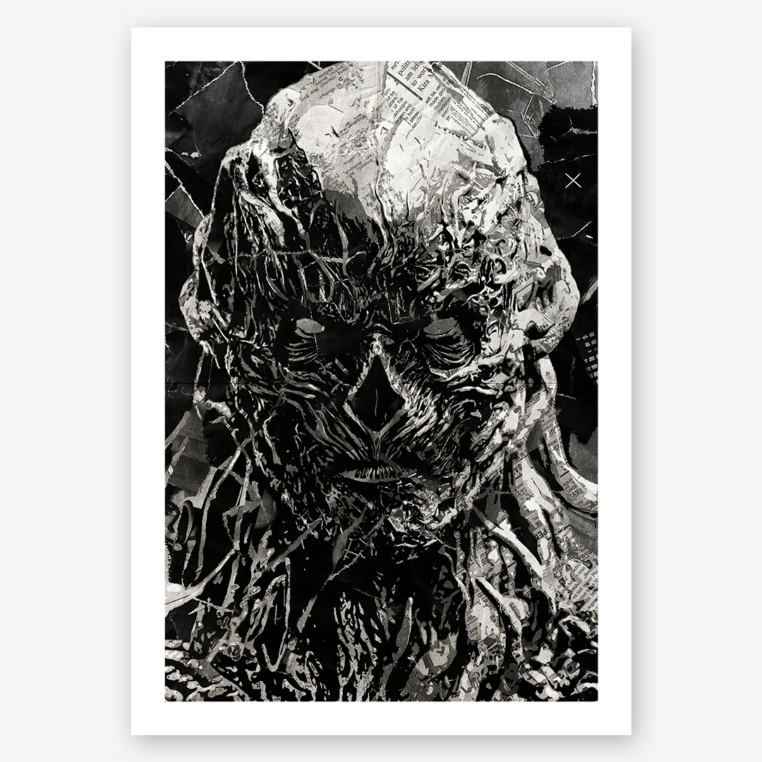 A Vecna poster design - a portrait of Vecna made using a collage of torn pieces of magazine pages in black and white.