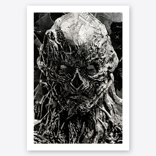 A Vecna poster design - a portrait of Vecna made using a collage of torn pieces of magazine pages in black and white.