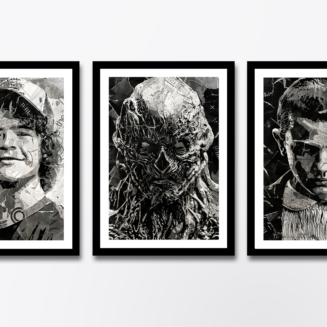 A Vecna poster design - a portrait of Vecna made using a collage of torn pieces of magazine pages in black and white.