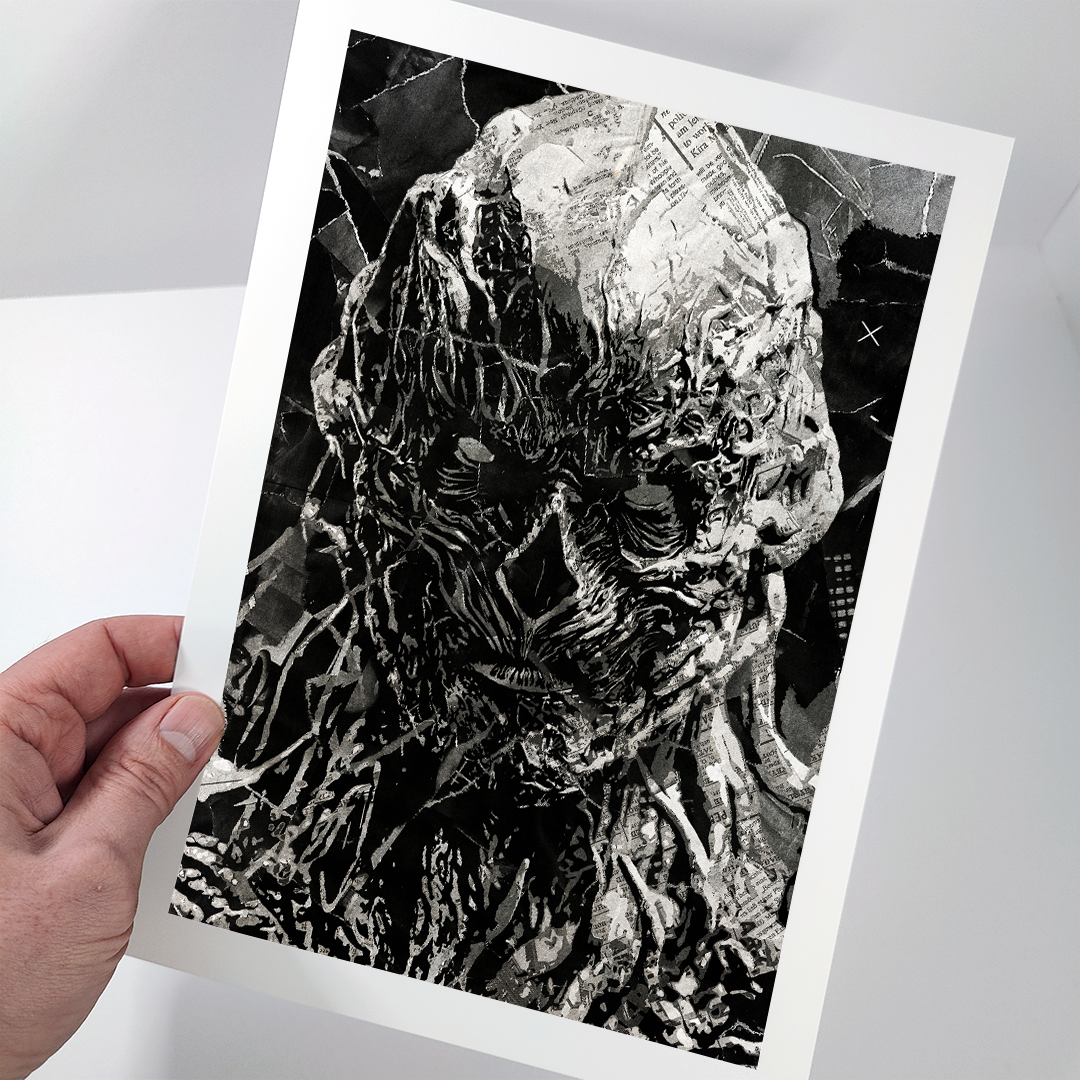 A Vecna poster design - a portrait of Vecna made using a collage of torn pieces of magazine pages in black and white.