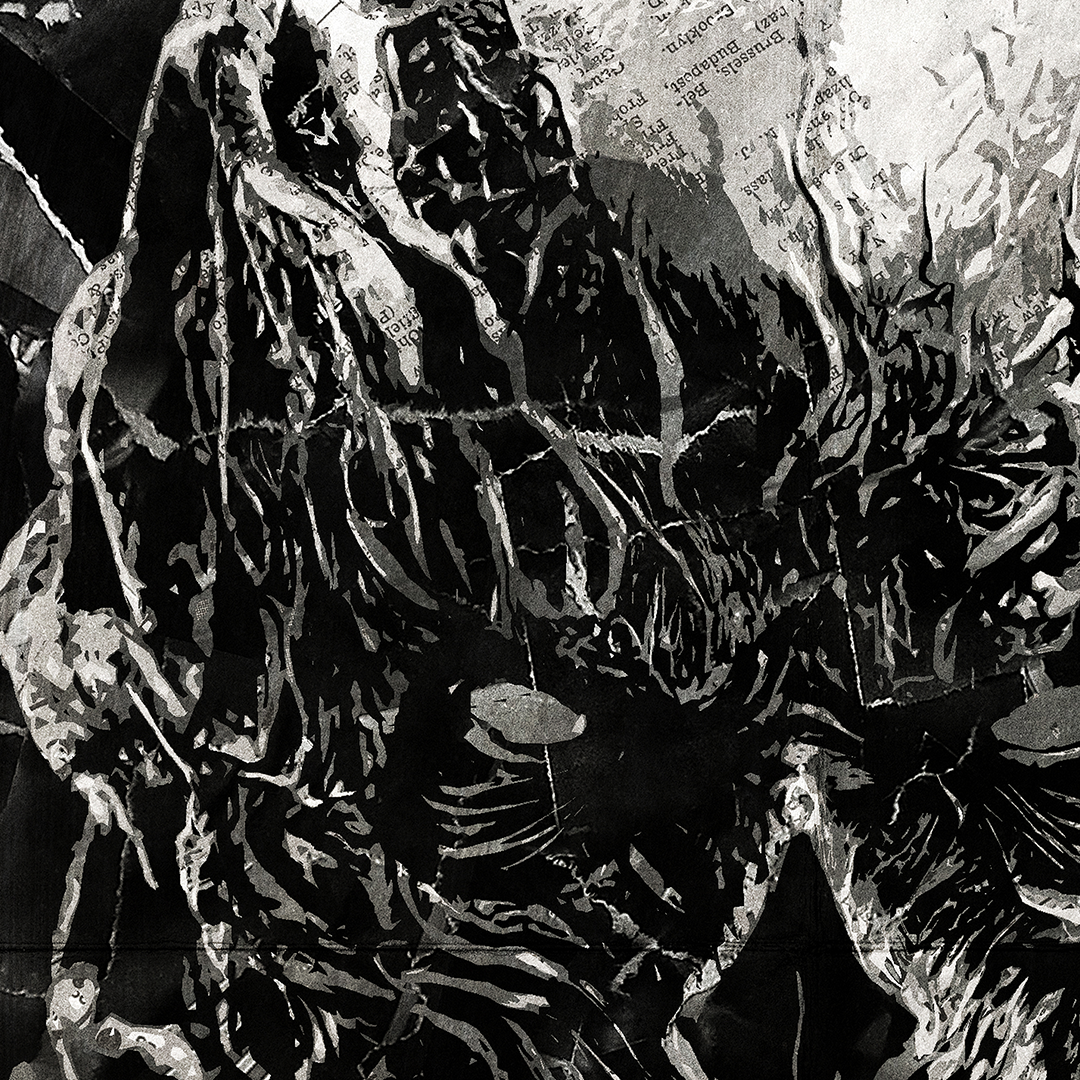 A Vecna poster design - a portrait of Vecna made using a collage of torn pieces of magazine pages in black and white.