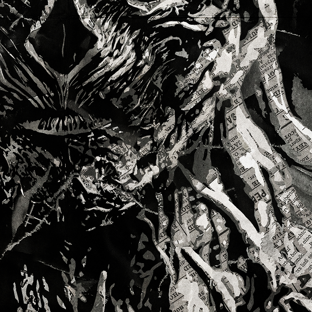 A Vecna poster design - a portrait of Vecna made using a collage of torn pieces of magazine pages in black and white.