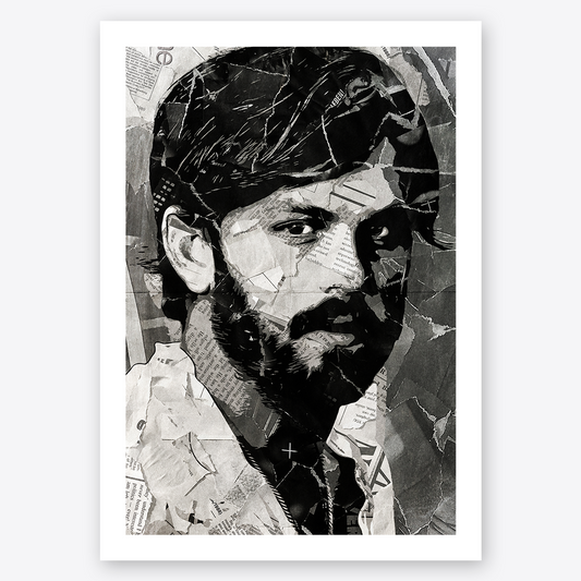 A Caleb Followill (Kings of Leon) poster design - a portrait of Caleb made using a collage of torn pieces of magazine pages in black and white.