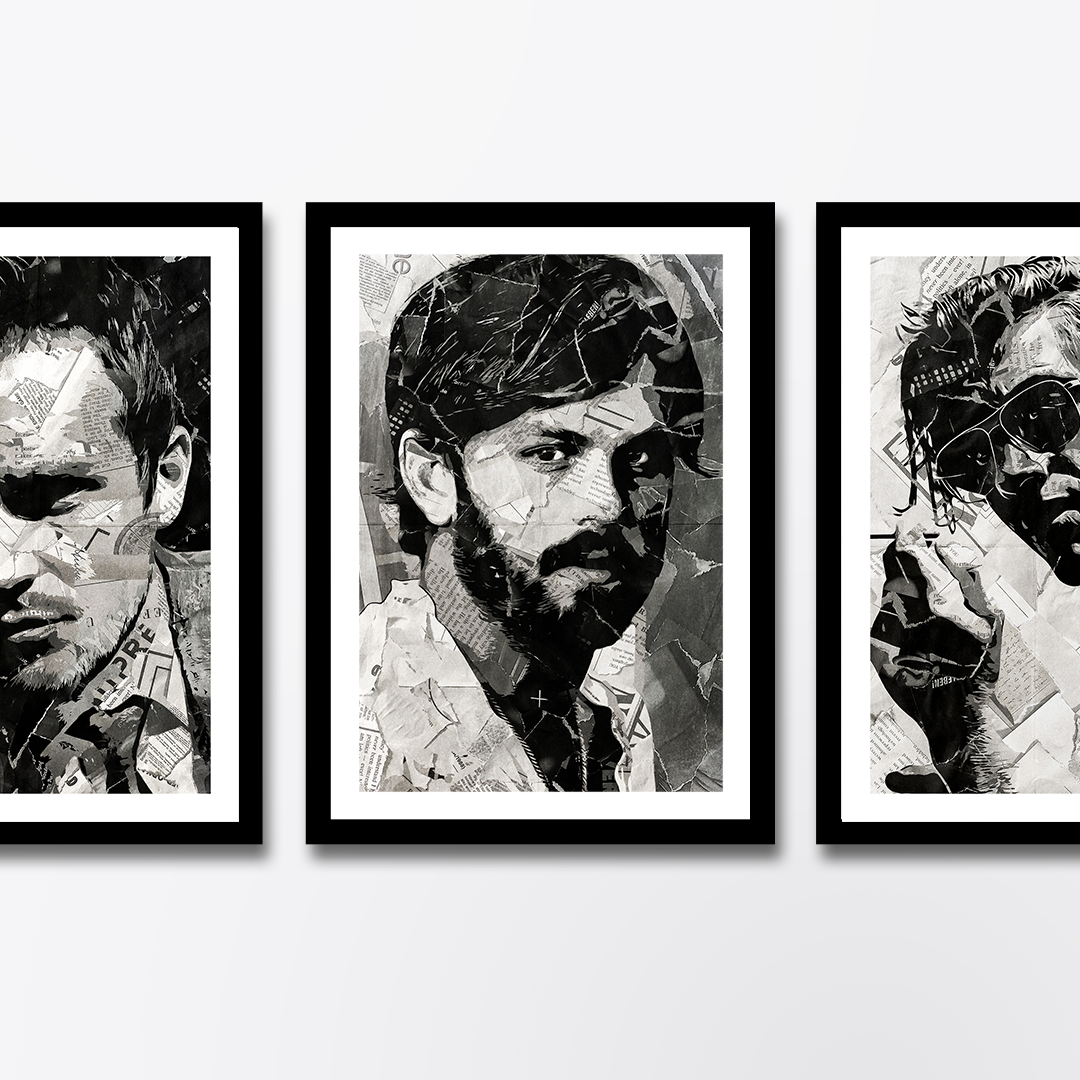 A Caleb Followill (Kings of Leon) poster design - a portrait of Caleb made using a collage of torn pieces of magazine pages in black and white.