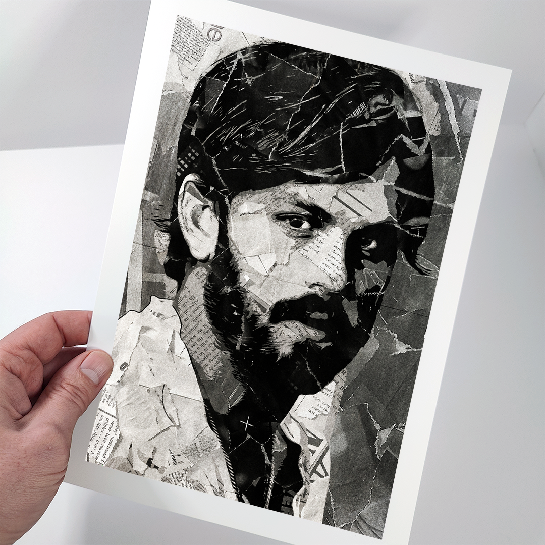 A Caleb Followill (Kings of Leon) poster design - a portrait of Caleb made using a collage of torn pieces of magazine pages in black and white.