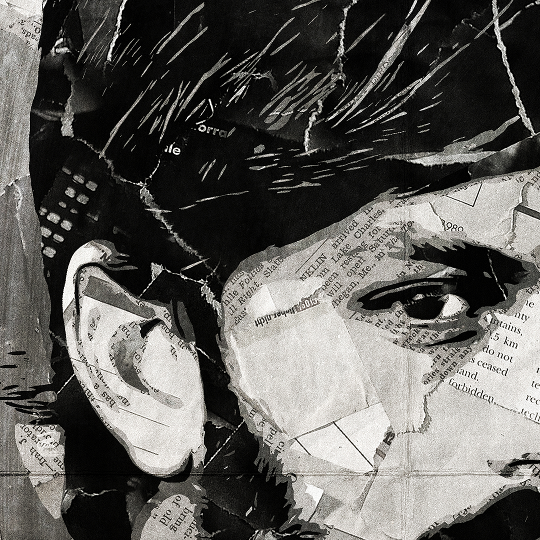 A Caleb Followill (Kings of Leon) poster design - a portrait of Caleb made using a collage of torn pieces of magazine pages in black and white.