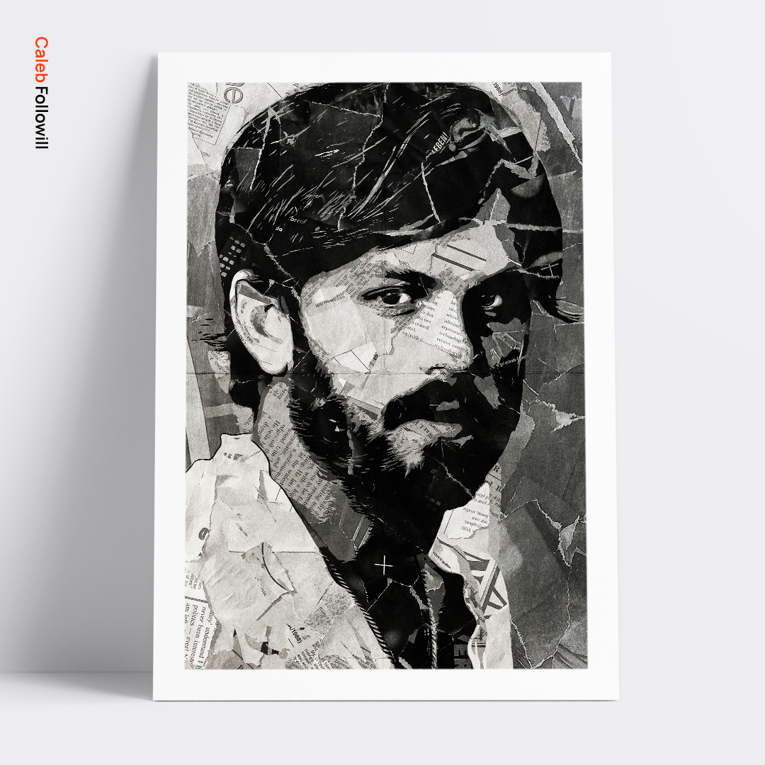 A Caleb Followill (Kings of Leon) poster design - a portrait of Caleb made using a collage of torn pieces of magazine pages in black and white.