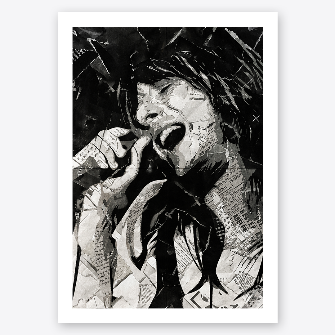 A Steve Perry of Journey poster design - a portrait of Steve made using a collage of torn pieces of magazine pages in black and white.