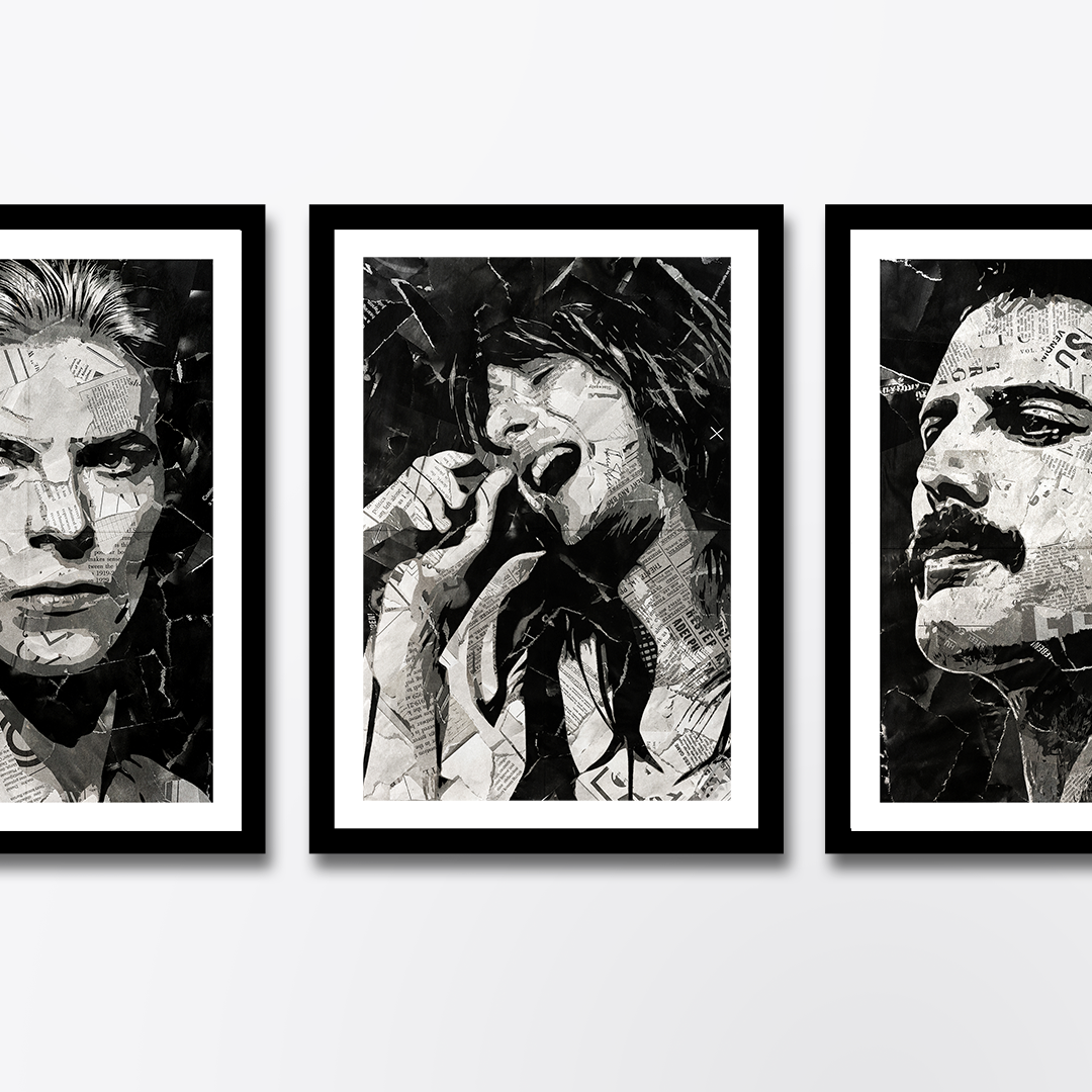 A Steve Perry of Journey poster design - a portrait of Steve made using a collage of torn pieces of magazine pages in black and white.