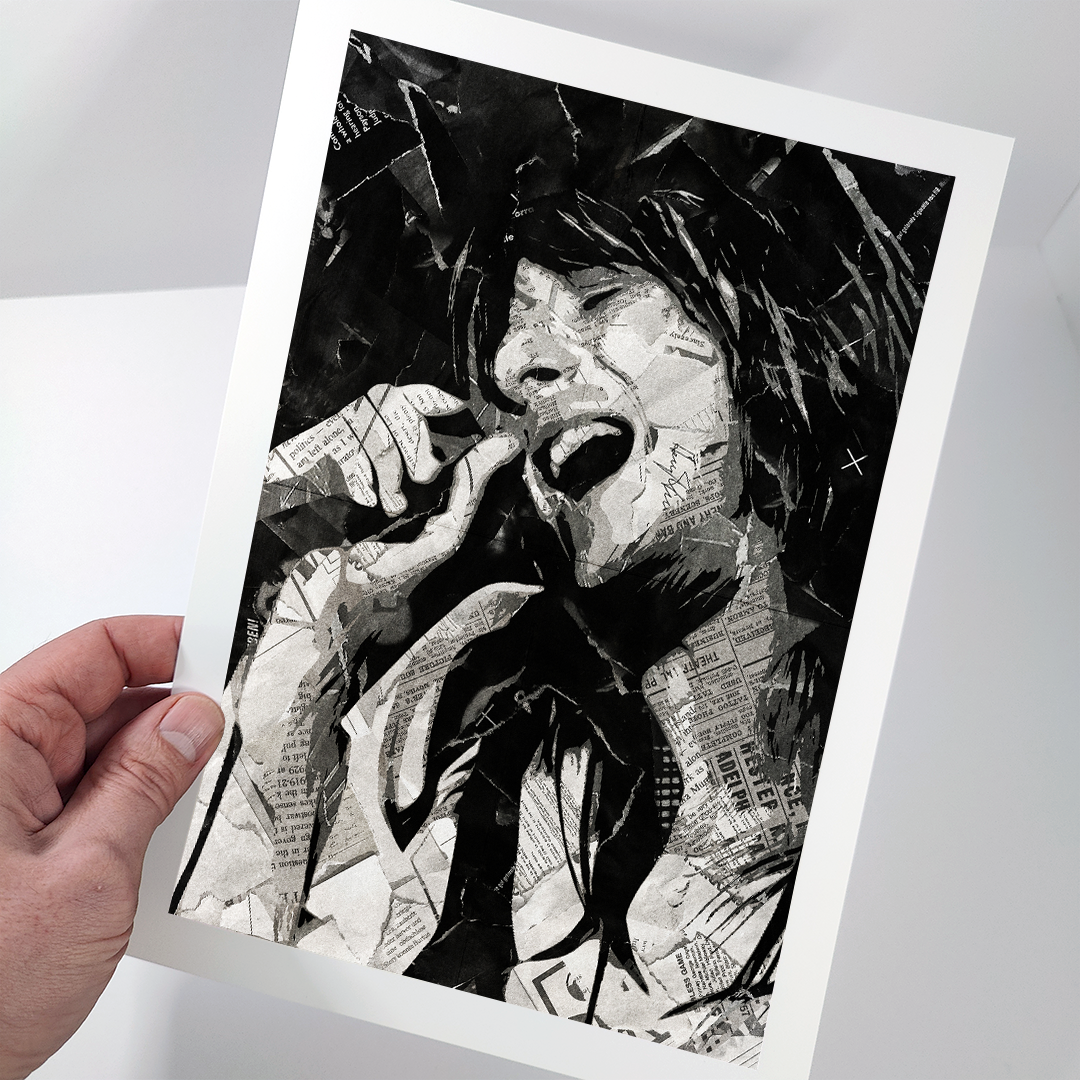 A Steve Perry of Journey poster design - a portrait of Steve made using a collage of torn pieces of magazine pages in black and white.