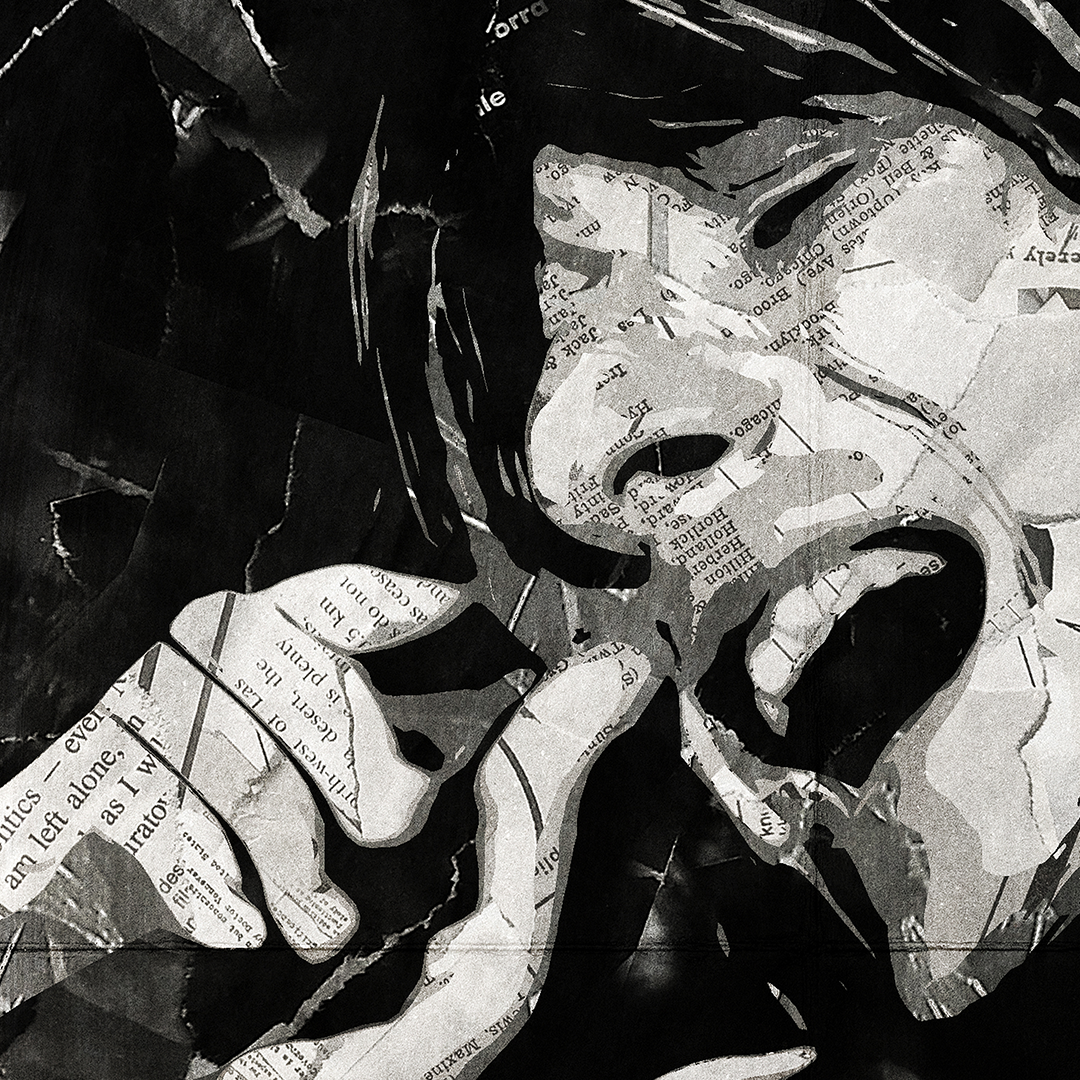A Steve Perry of Journey poster design - a portrait of Steve made using a collage of torn pieces of magazine pages in black and white.