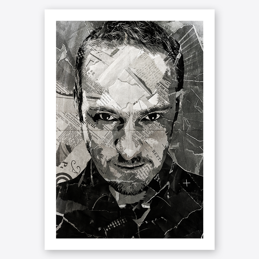 A Derren Brown poster design - a portrait of Derren made using a collage of torn pieces of magazine pages in black and white.