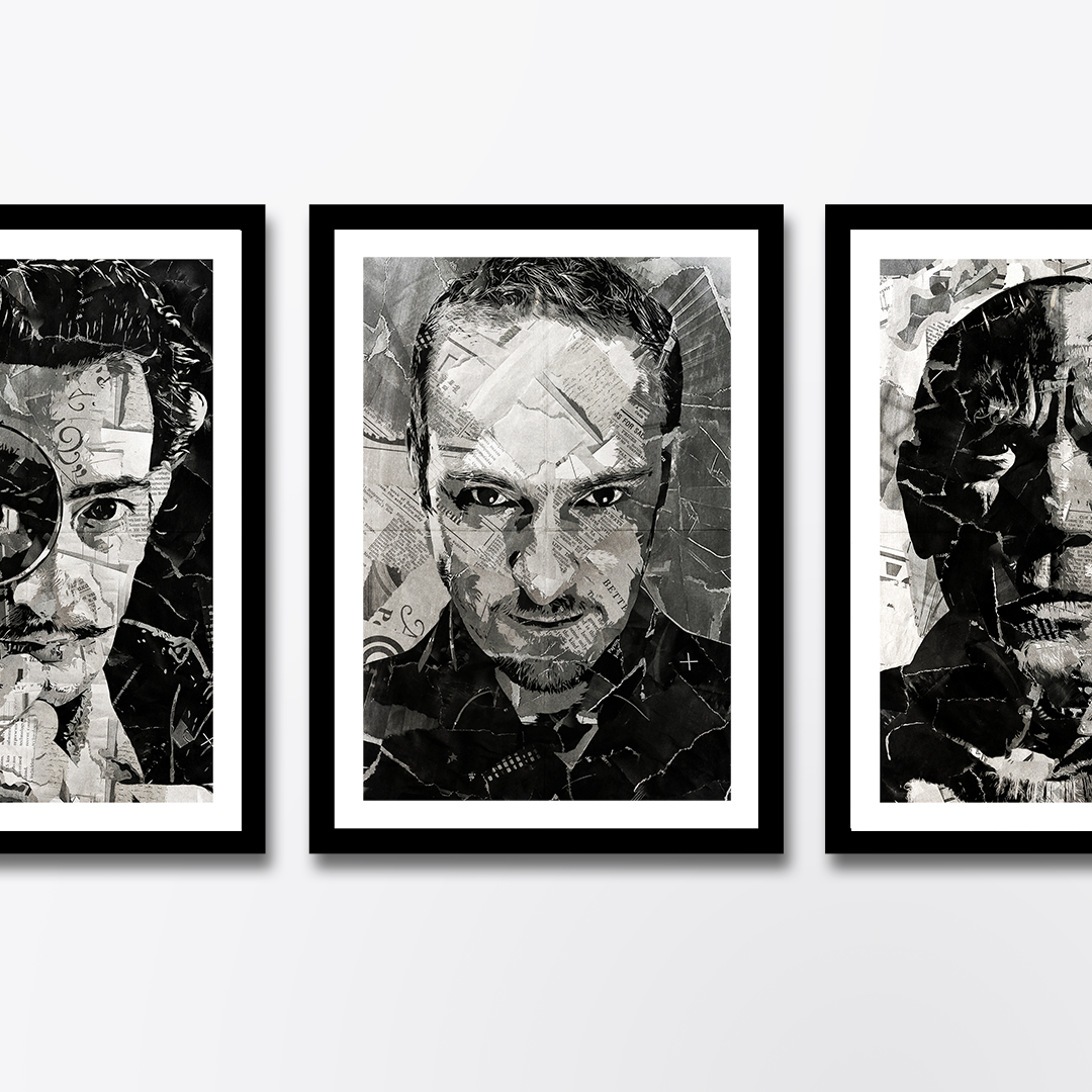 A Derren Brown poster design - a portrait of Derren made using a collage of torn pieces of magazine pages in black and white.