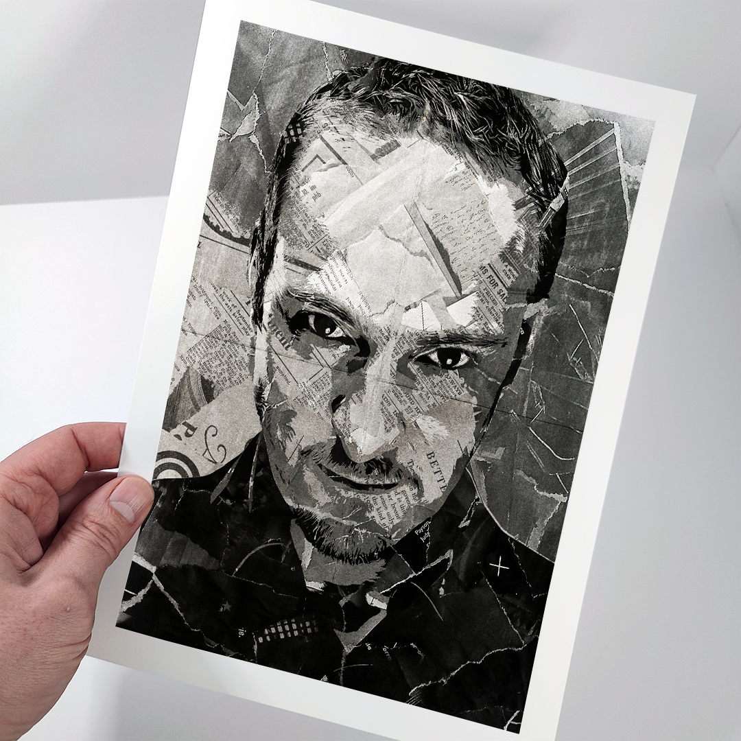 A Derren Brown poster design - a portrait of Derren made using a collage of torn pieces of magazine pages in black and white.