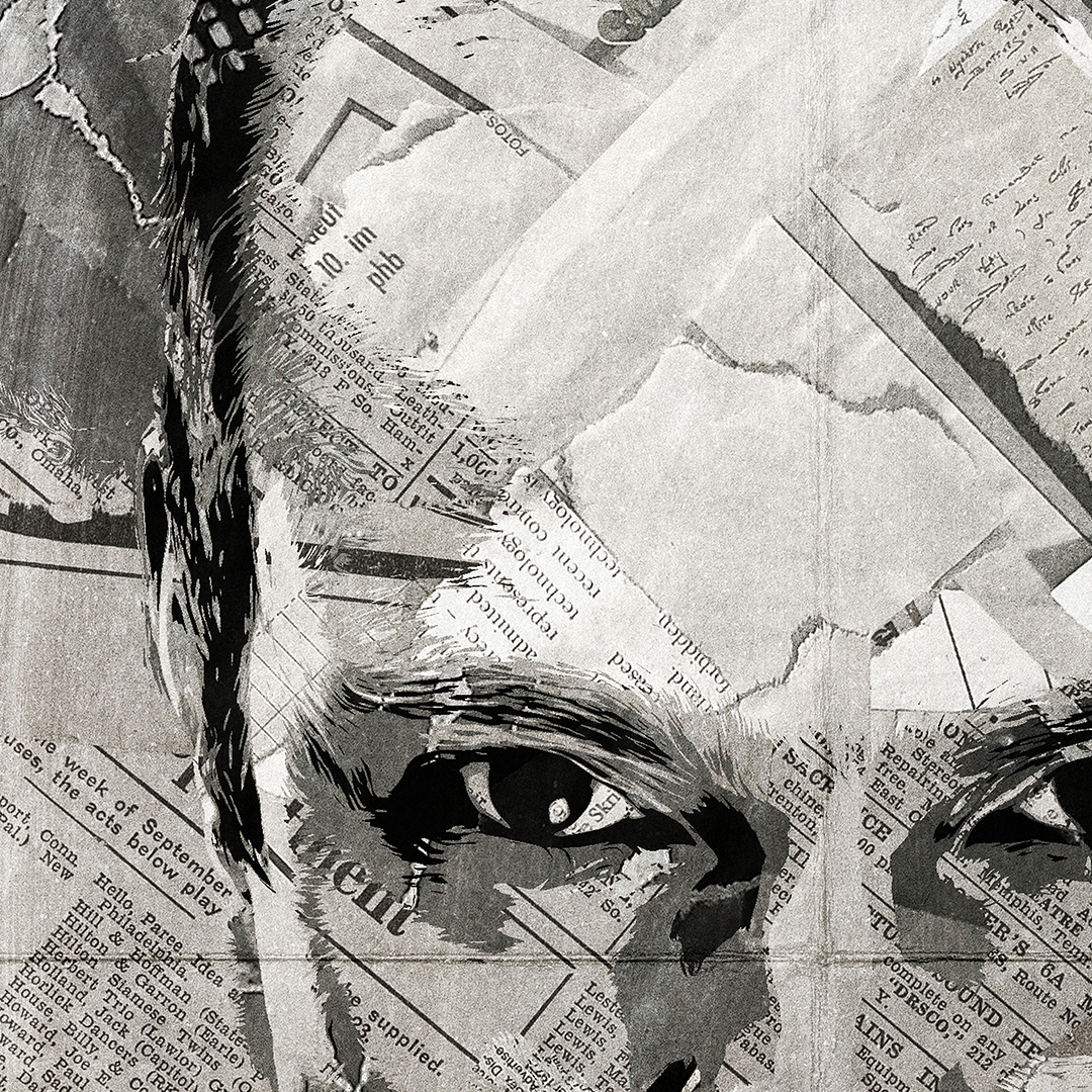 A Derren Brown poster design - a portrait of Derren made using a collage of torn pieces of magazine pages in black and white.