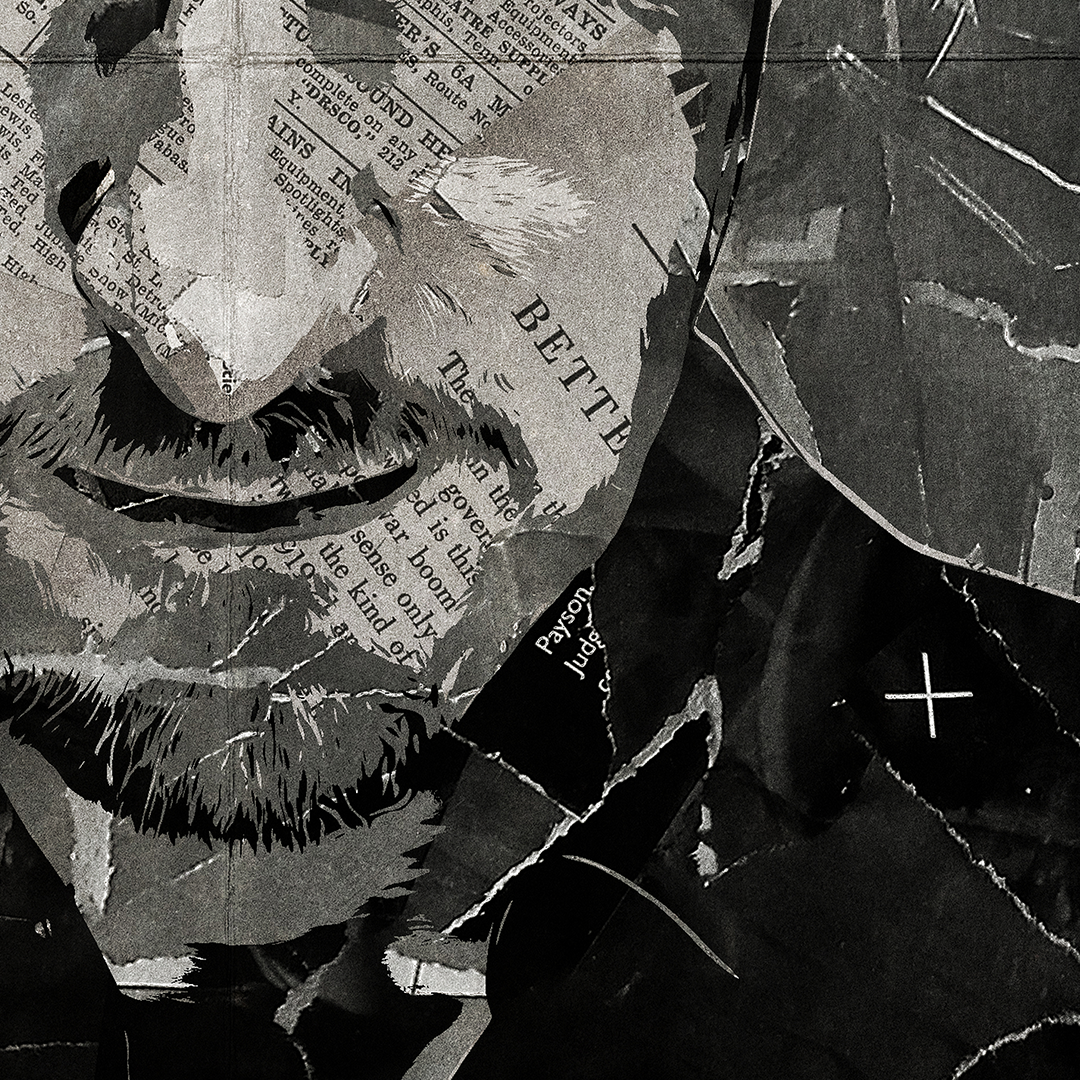 A Derren Brown poster design - a portrait of Derren made using a collage of torn pieces of magazine pages in black and white.