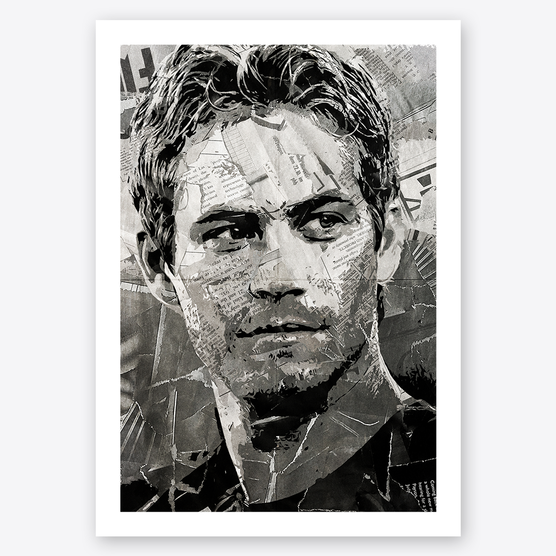 A Paul Walker poster design - a portrait of Paul made using a collage of torn pieces of magazine pages in black and white.