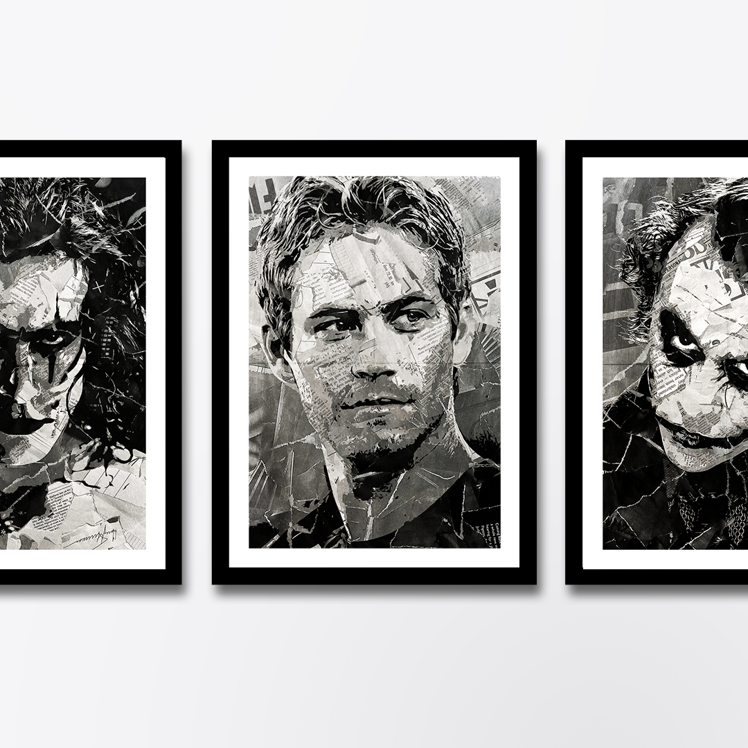 A Paul Walker poster design - a portrait of Paul made using a collage of torn pieces of magazine pages in black and white.