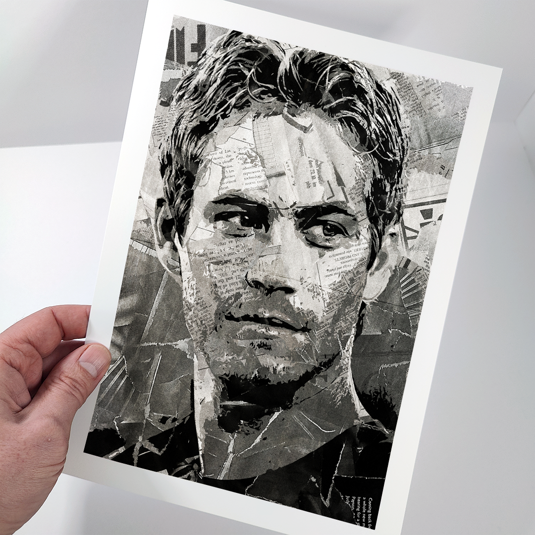 A Paul Walker poster design - a portrait of Paul made using a collage of torn pieces of magazine pages in black and white.