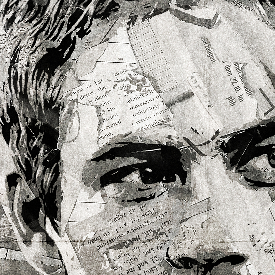 A Paul Walker poster design - a portrait of Paul made using a collage of torn pieces of magazine pages in black and white.
