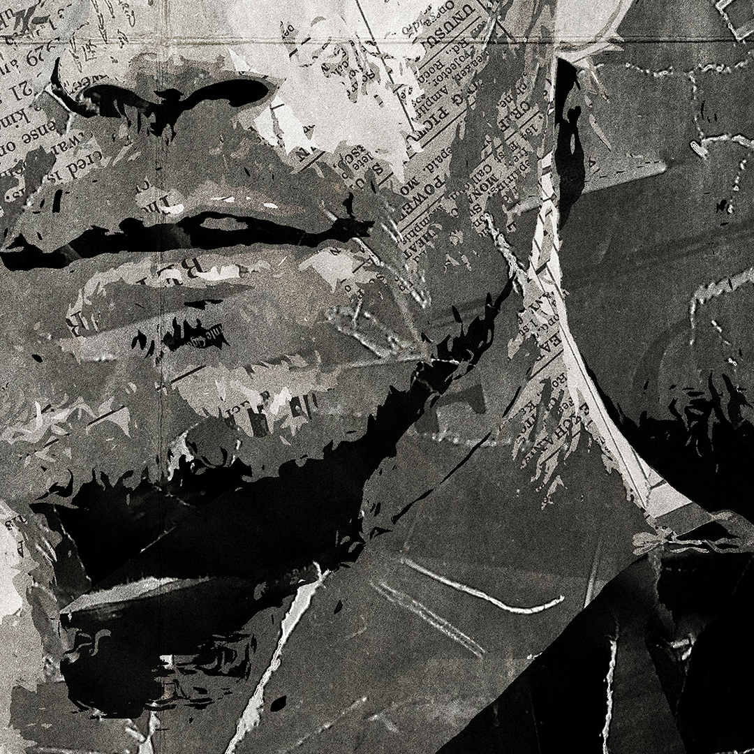 A Paul Walker poster design - a portrait of Paul made using a collage of torn pieces of magazine pages in black and white.
