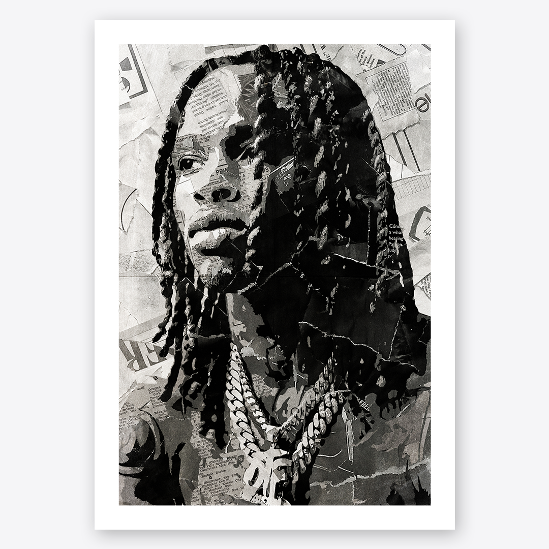 A King Von poster design - a portrait of King Von made using a collage of torn pieces of magazine pages in black and white.