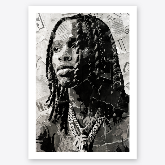 A King Von poster design - a portrait of King Von made using a collage of torn pieces of magazine pages in black and white.