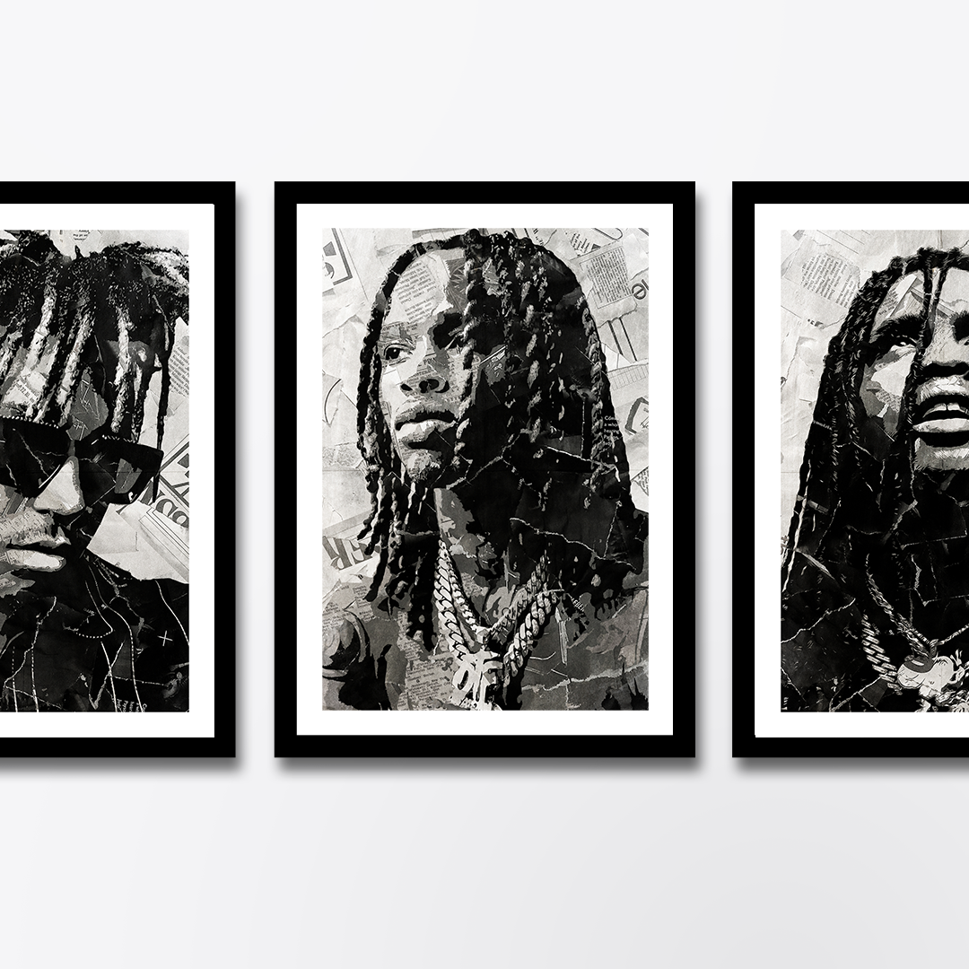 A King Von poster design - a portrait of King Von made using a collage of torn pieces of magazine pages in black and white.