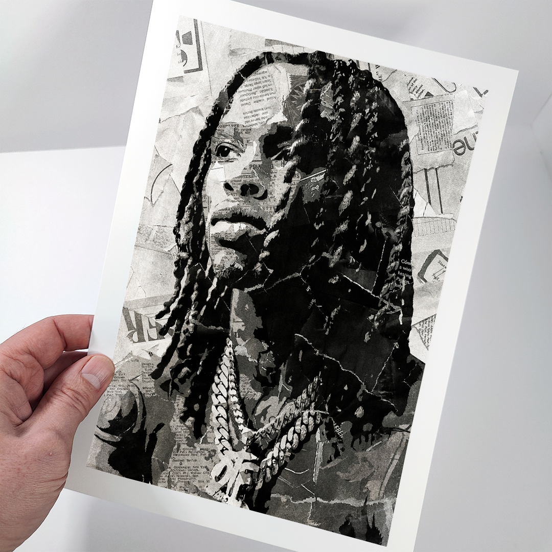 A King Von poster design - a portrait of King Von made using a collage of torn pieces of magazine pages in black and white.