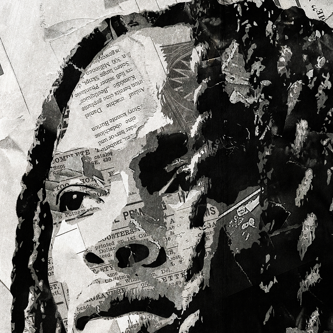 A King Von poster design - a portrait of King Von made using a collage of torn pieces of magazine pages in black and white.