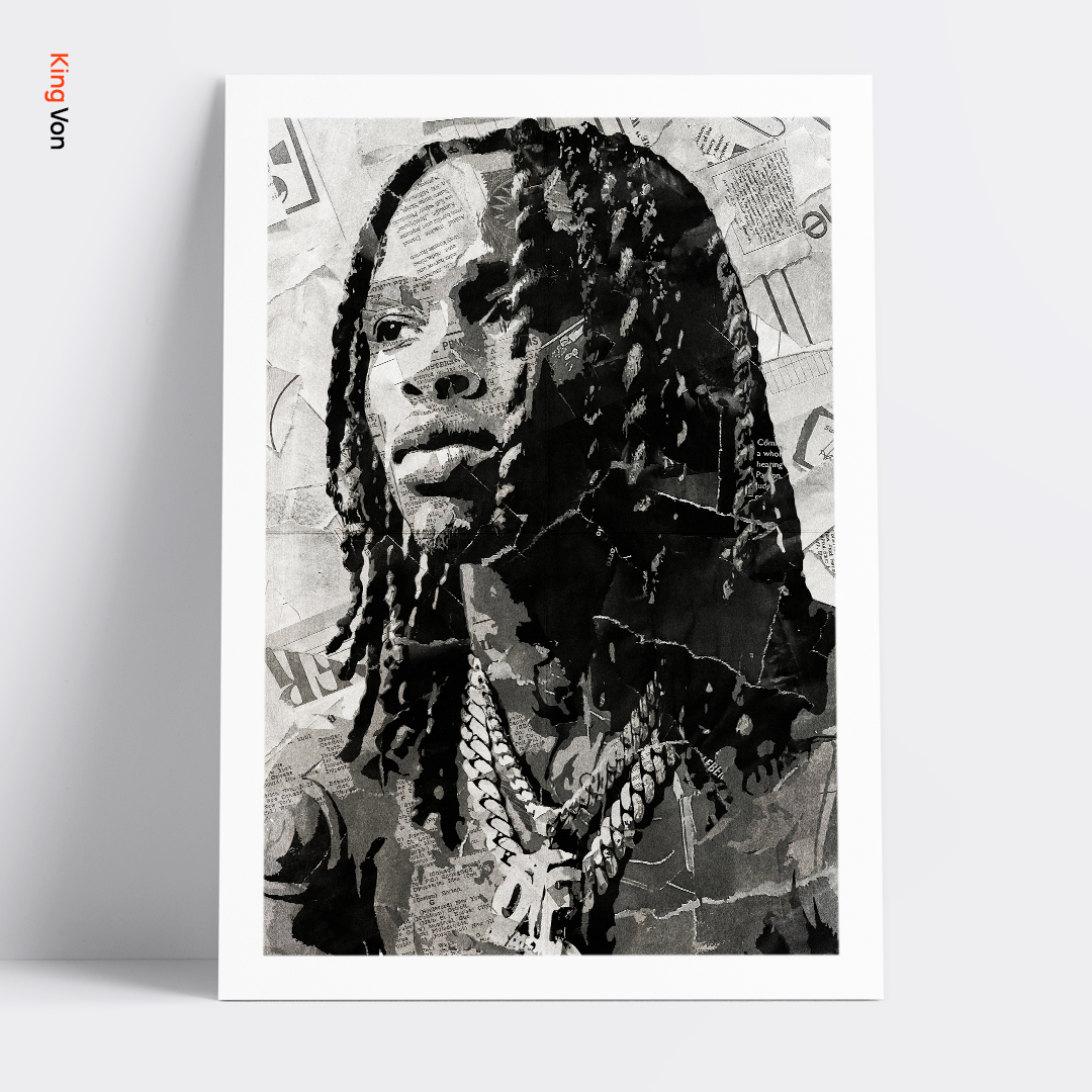 A King Von poster design - a portrait of King Von made using a collage of torn pieces of magazine pages in black and white.